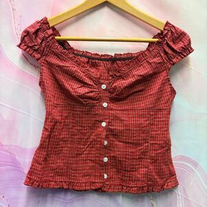 Red Plaid Button Down Babydoll Top S Ruffle Fitted Cap Sleeve Boho Retro Artsy